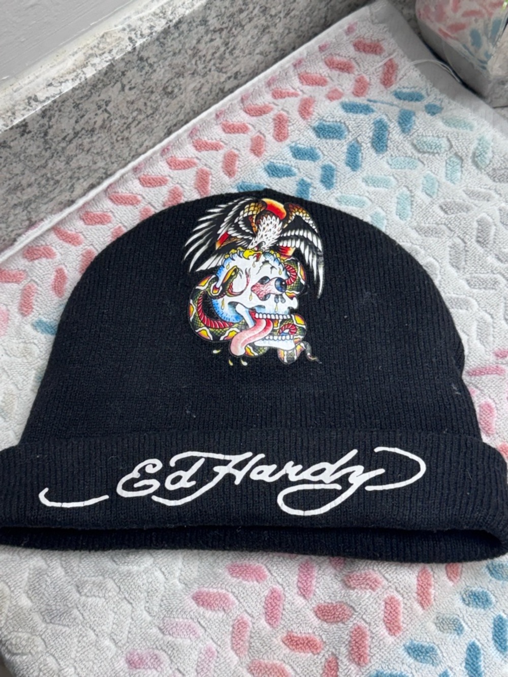Ed Hardy Black Beanie with Multicolor Skull, Snake & Eagle Embroidery!